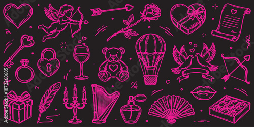 A collection of romantic and Valentine's Day themed icons in pink outline on a black background.