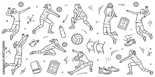 Collection of hand-drawn illustrations depicting female volleyball players in various action poses, including serving, jumping, and diving, surrounded by game elements like balls and water bottles.