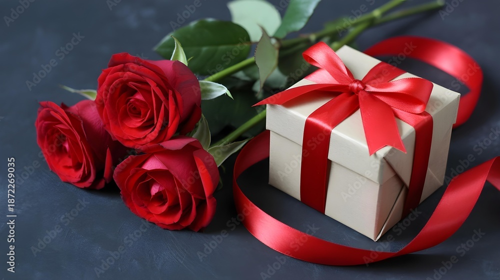 Fototapeta premium Three vibrant red roses lie next to a perfectly wrapped gift box tied with a luxurious satin bow and flowing ribbon.