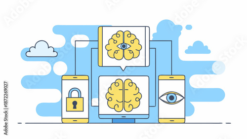 Brain connected to devices with lock and eye icons for secure data access