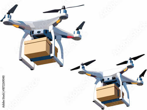 Drones carrying packages in flight for delivery services