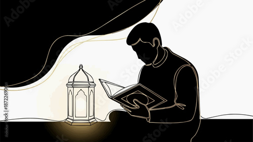 Minimalist Gold Line Art Silhouette of Man Reading Quran with Glowing Lantern