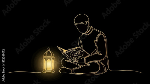 Elegant Ramadan Illustration: Minimalist Gold Line Art of a Man Reading Holy Quran