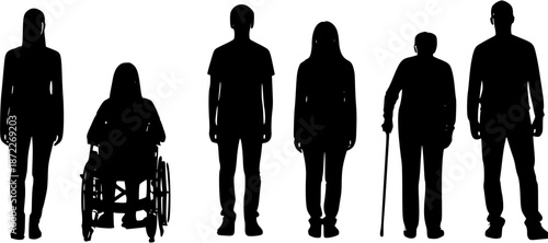 Diversity and Inclusion: A group of six diverse people silhouettes standing in a line, including a person in a wheelchair and an elderly person with a cane.