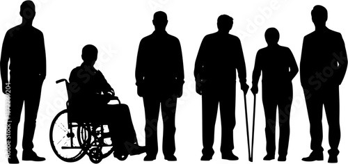 Diversity and Inclusion: A group of six diverse people silhouettes standing in a line, including a person in a wheelchair and an elderly person with a cane.