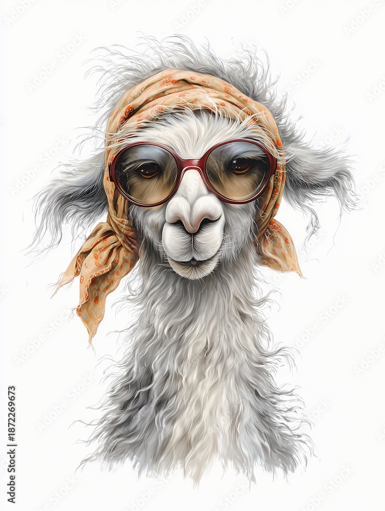 Fototapeta premium a funny lama with sunglasses and a head scarf, llama