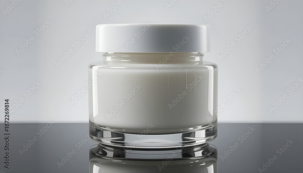Obraz premium Blank cosmetic glass jar mockup for premium skincare brand identity with copy space for logo design on luxury beauty website banner