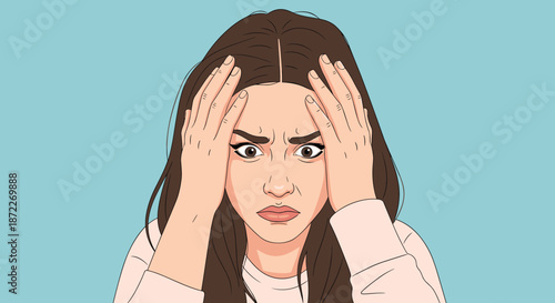 Illustration of a young woman with a worried facial expression holding her head in stress, anxiety, or deep concern.