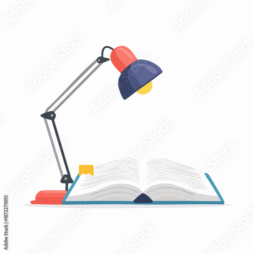 Adjustable Red Desk Lamp Illuminating an Open Book with Blue Binding and Yellow Bookmark Against a White Background Symbolizing Study and Knowledge