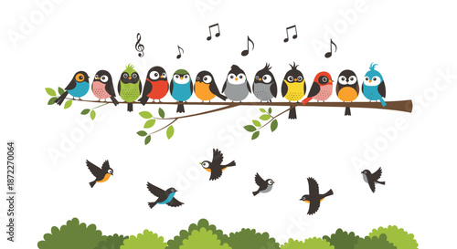 Colorful illustration of several small birds perched on a tree branch while some are flying with musical notes above.