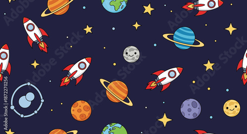 Seamless space pattern featuring cute cartoon rockets, planets, stars, and moons against a dark blue cosmic background.