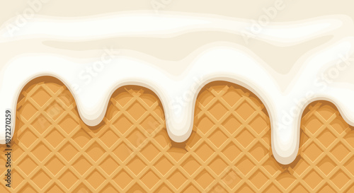 Close-up illustration of a golden waffle pattern with thick white cream or icing dripping down from the top edge.