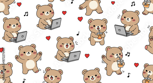 Cute bear seamless pattern with laptop music coffee hearts cartoon animal background vector illustration design