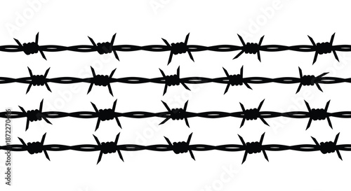 Four parallel rows of black barbed wire silhouettes against a white background, symbolizing security or restriction.