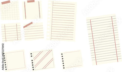 Set of old torn notebook paper pieces. Ripped paper strips. Realistic notepad sheets, scraps of notebook page, with torn edges. Vector design template in aged style
