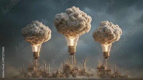 Innovative Energy Concept with Light Bulbs and Industrial Structures Amidst Dark Stormy Skies