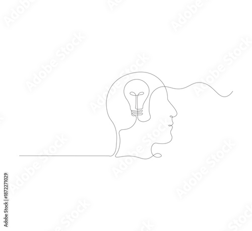continuous line image of Head with continuous light bulbs. Creative idea process and goal achievement concept. Vector illustration isolated on white.white background