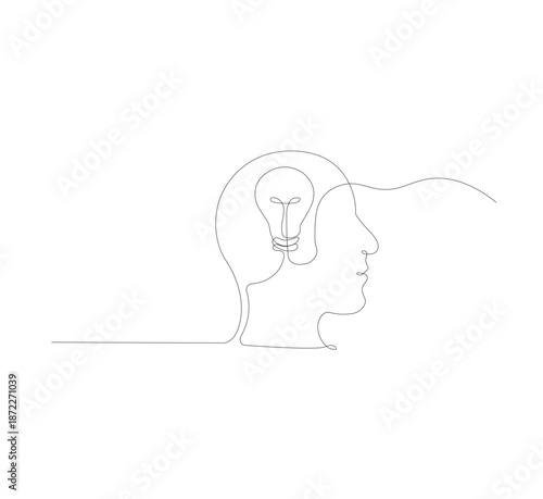 continuous line image of Head with continuous light bulbs. Creative idea process and goal achievement concept. Vector illustration isolated on white.white background