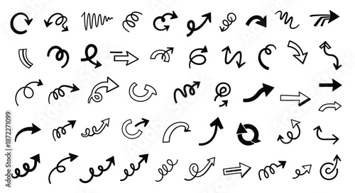 Large collection of curly and swirly hand-drawn black arrows in various styles and directions for creative projects on a white background.