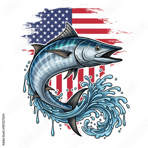 wahoo fishing american flag logo illustration vector t shirt design