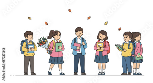 Diverse group of happy school children with backpacks and books standing together under falling autumn leaves on a white background.