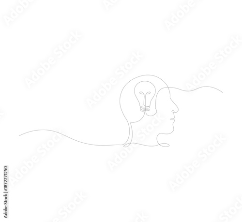 continuous line image of Head with continuous light bulbs. Creative idea process and goal achievement concept. Vector illustration isolated on white.white background