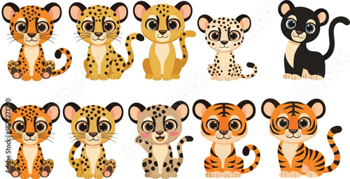 Cute big cat cub character set featuring leopard cheetah tiger panther cartoon animal mascot vector illustration
