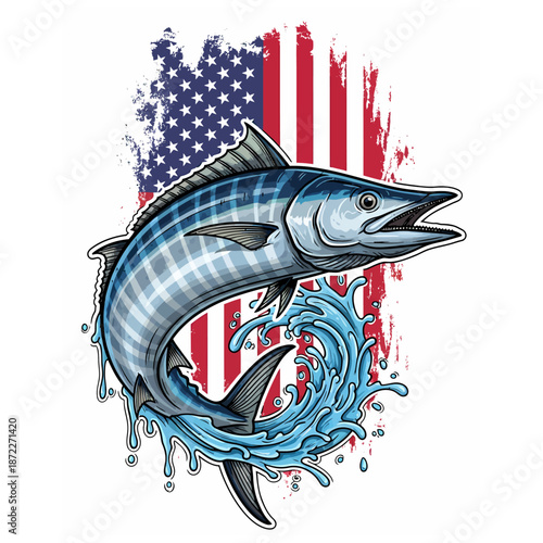 wahoo fishing american flag logo illustration vector t shirt design