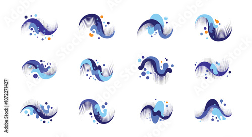 Collection of various wave and splash icons with halftone dot patterns in shades of blue and orange for beach and ocean themes.