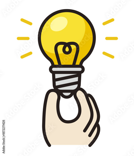 電球と手。アイディアを思いつくビジネスマン。発見や気づき、インスピレーション。Light bulb and hand.
