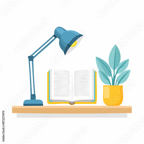 Desk Lamp Illuminates Open Book Beside Potted Plant on Wooden Shelf Minimalist Study Setup Bright Light on Pages Warm Ambiance for Learning and Reading