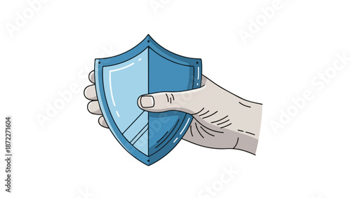 Human hand holding blue protective shield symbol for security insurance and data privacy protection concept art