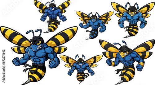Set of 7 Muscular Blue and Yellow Wasp Mascot Cartoon Characters Vector