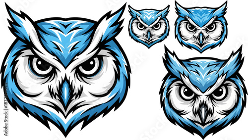 Set of 4 Blue and White Owl Head Mascot Vector Illustrations