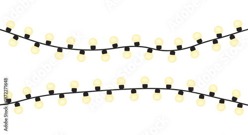 Simple illustration of two rows of glowing yellow light bulbs on a black wire against a clean white background for festive decor.