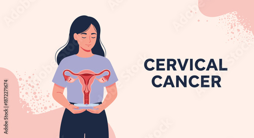 Educational illustration for cervical cancer awareness featuring a woman holding a tablet showing the female reproductive system.