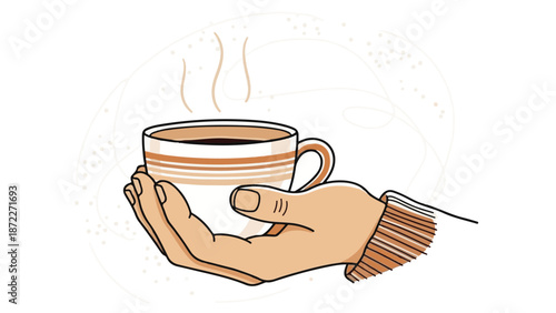 Hands holding hot cup of coffee with steam and decorative swirl background in minimalist hand drawn outline style