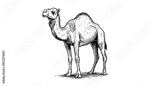A camel standing alone in the desert landscape viewed from the side