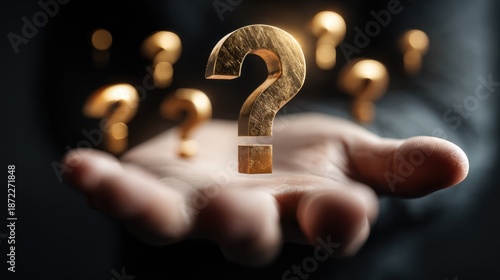Concept of uncertainty and inquiry with golden question mark appearing from hand in surreal background of questions