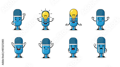 Collection of eight cute microphone characters with various facial expressions and gestures representing podcasting and broadcasting styles.