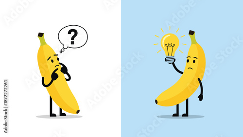 Two panel illustration of a banana character thinking with a question mark and then having a bright idea holding a light bulb for fruit art.