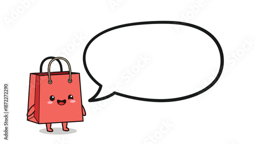 Cute red shopping bag character with a smiling face standing next to a large empty speech bubble for promotional messages and advertising.