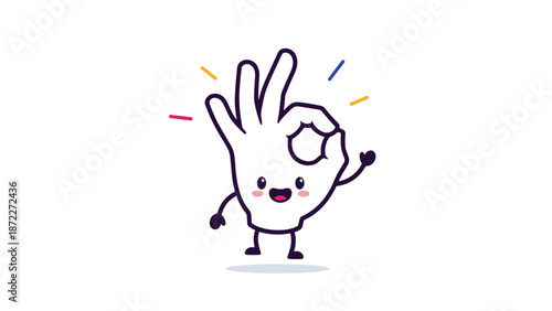 Adorable cartoon hand character making an okay sign gesture with a smiley face and colorful rays for positive confirmation and success.