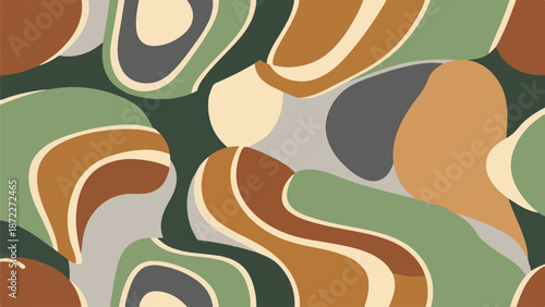 Organic abstract seamless pattern featuring fluid flowing shapes and curved lines in natural earth tone color palette for wallpaper design