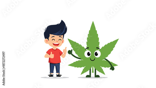 Smiling cartoon boy giving a double thumbs up next to a large happy marijuana leaf character for cannabis legalization and lifestyle.