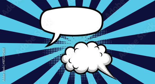 Two distinct comic book speech bubbles on a bright blue sunburst background representing a dynamic conversation or debate.
