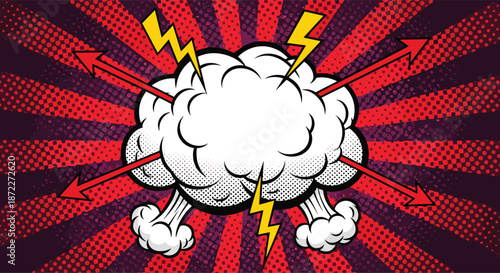Aggressive comic book explosion cloud with lightning and arrows on a vibrant red and purple sunburst for a conflict scene.