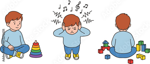 Autism sensory processing illustration of child experiencing overload playing with toys educational therapy concept for special needs kids mental health awareness vector cartoon design