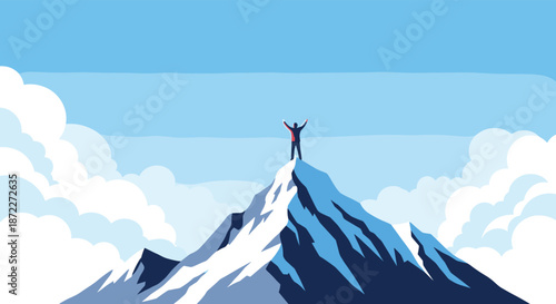 Successful person with arms raised in victory stands on a snowy mountain peak celebrating a major achievement or goal.