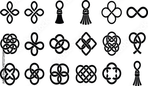 Traditional decorative knot icons and ornamental tassels set featuring Celtic knots, infinity symbols, and cultural cord flourishes in a clean black line style.